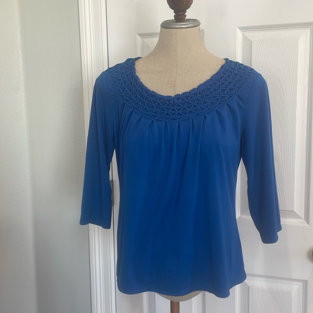 Vintage AGB 3/4 sleeve top textured puckered pleats royal blue stretch womens S